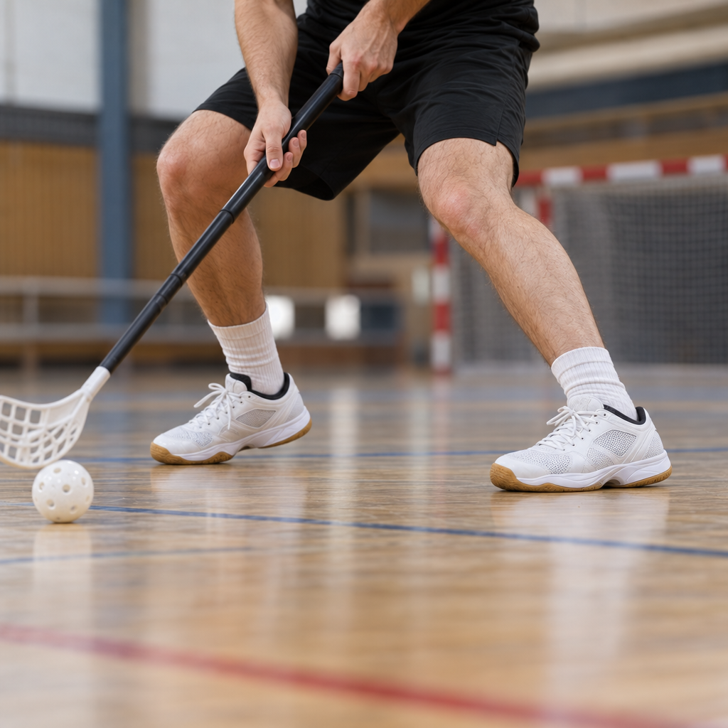 Szabadidős floorballjátékos kontrollált oldalirányú lépés közben, stabilan illeszkedő teremcipőben