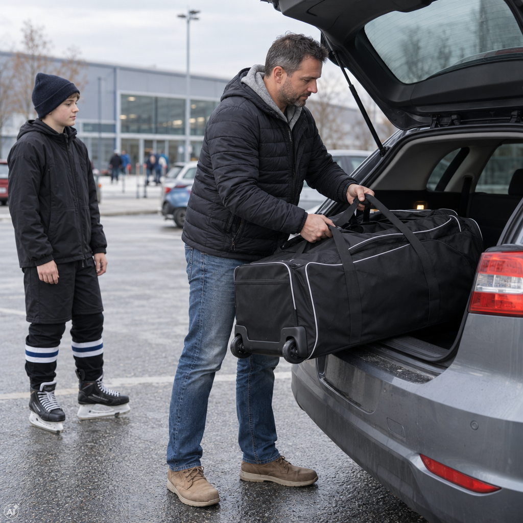 Szülő biztonságosan pakol be egy junior kerekes hokitáskát az autó csomagtartójába