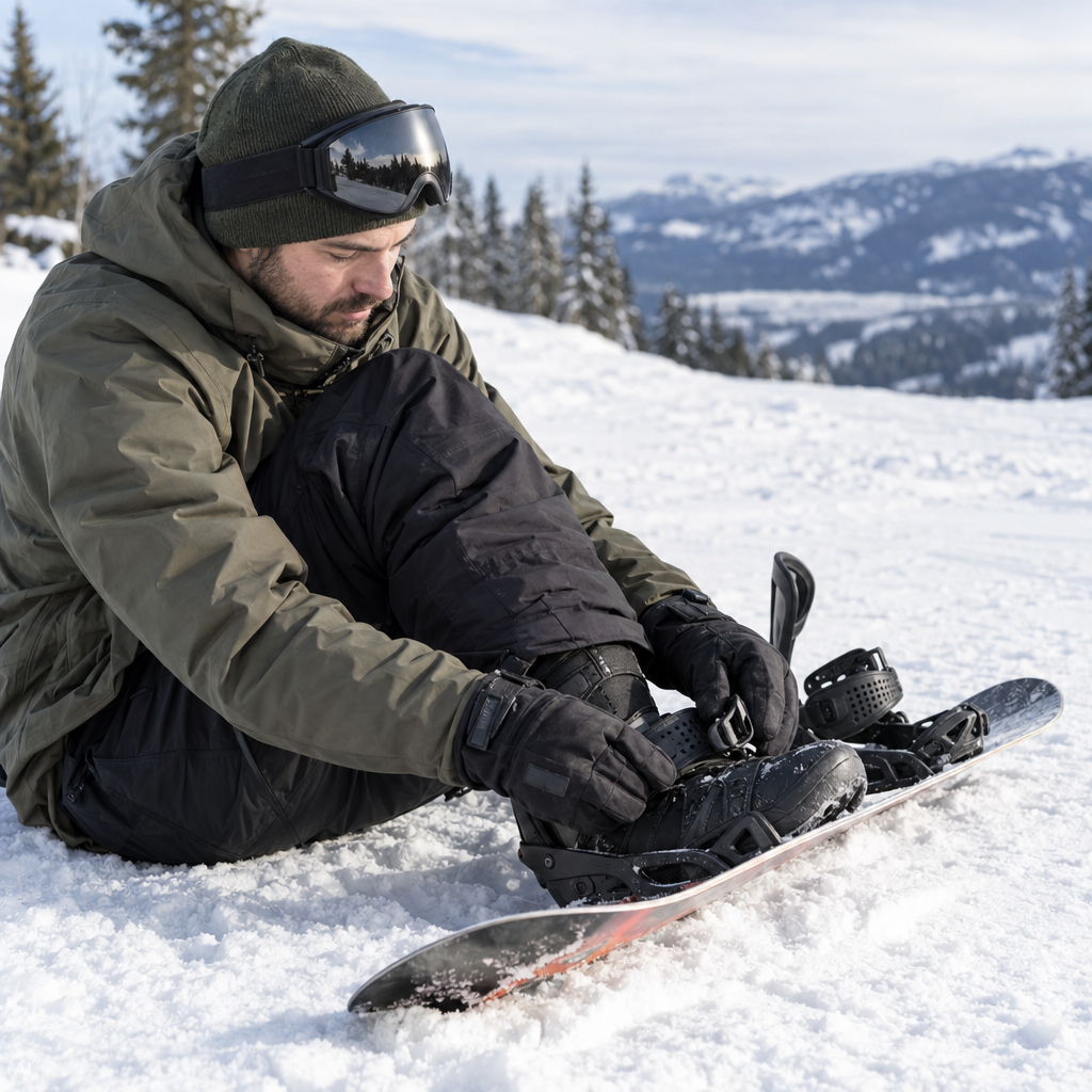 Snowboardos megállás után újra becsatolja a kicsatolt lábát