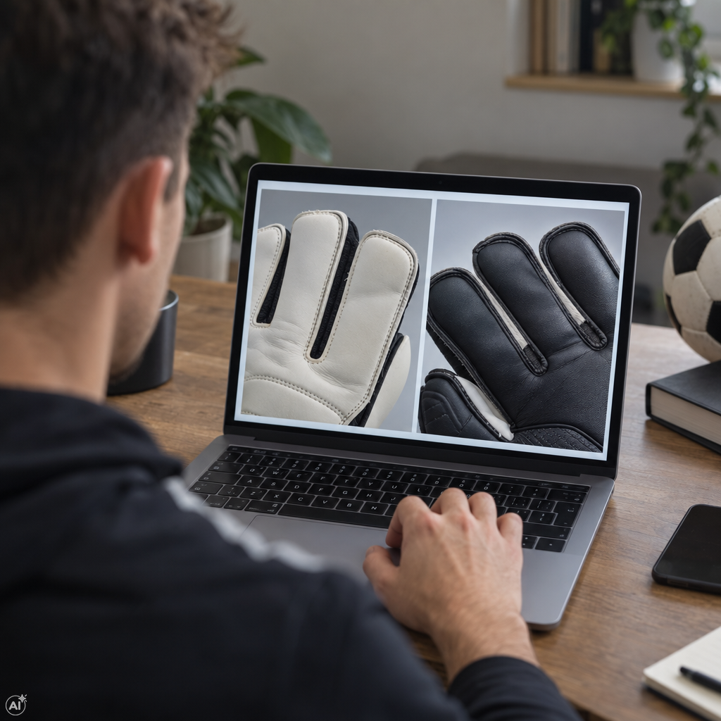 Kapus két kesztyű fényképén nézi a varrásokat egy laptopon