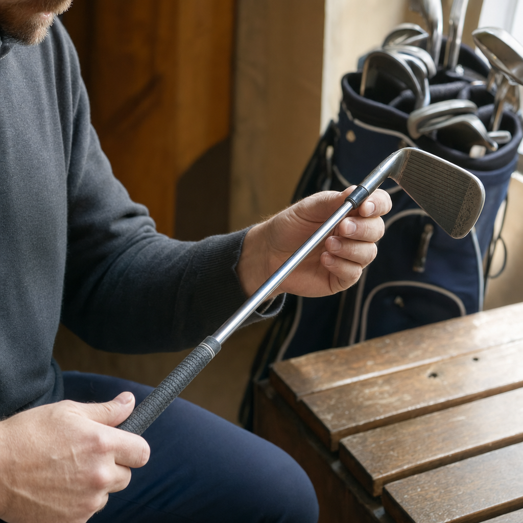 Dospelý začiatočník pri lavičke pozorne kontroluje grip, rovnosť shaftu a spoj použitej golfovej palice