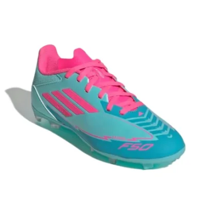 Chlapčenské futbalové kopačky outdoorové ADIDAS F50 League Messi Jr FG MG flash aqua lucid pink lucid cyan