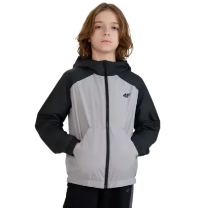 Chlapčenská bunda s kapucňou 4F JUNIOR JACKET-JWSS25TJACM185-25S-GREY