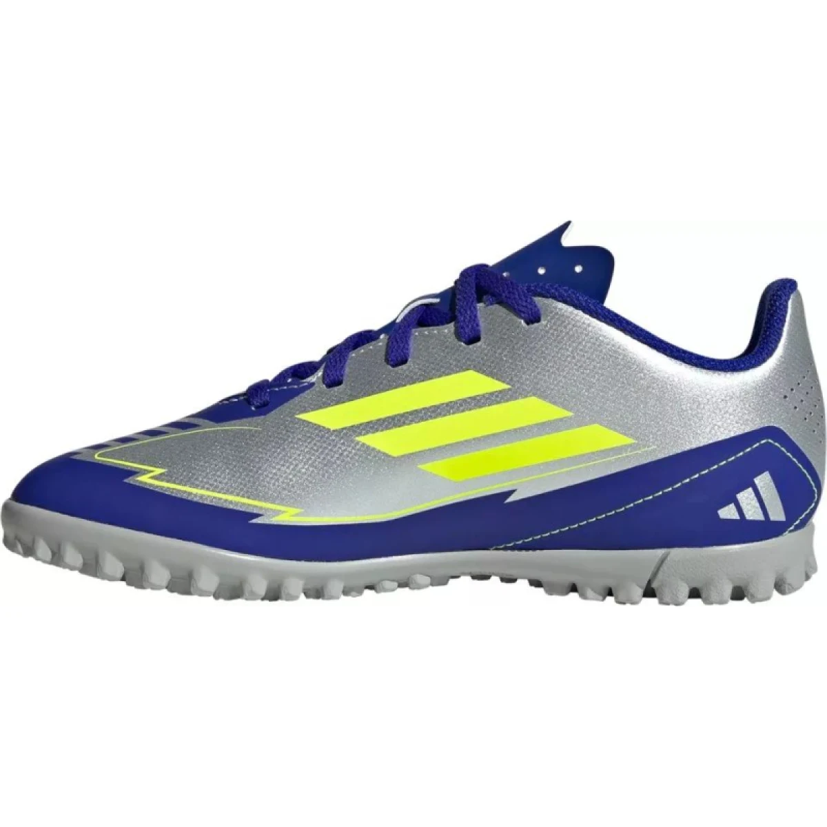 Chlapčenské futbalové kopačky turfy ADIDAS F50 Club Messi Jr TF silver metallic solar yellow lucid blue · záber 2