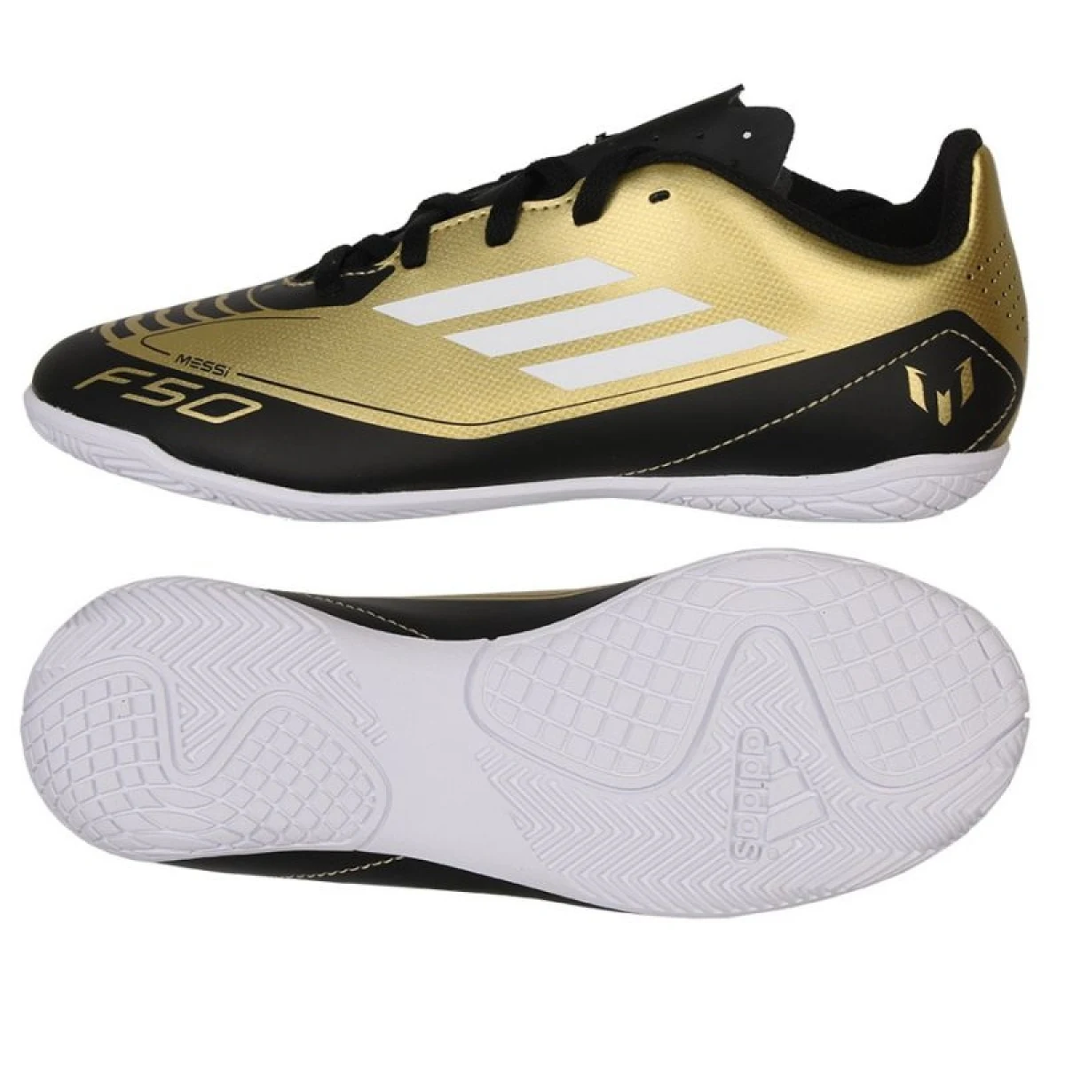 Chlapčenské futbalové kopačky halové ADIDAS F50 Club Messi Jr IC gold met cloud white core black · záber 4
