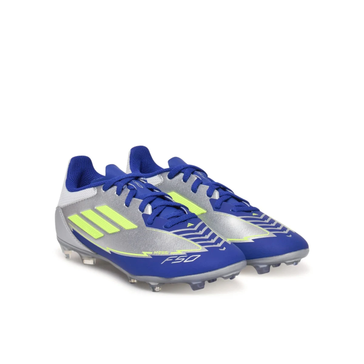 Chlapčenské futbalové kopačky outdoorové ADIDAS F50 League Messi Jr FG MG silver metallic solar yellow lucid blue · záber 3
