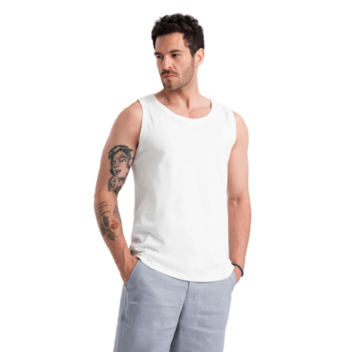 Pánske tričko s krátkym rukávom s v-výstrihom OMBRE Tank top OM-TSBT-0192 V-1 white · záber 1