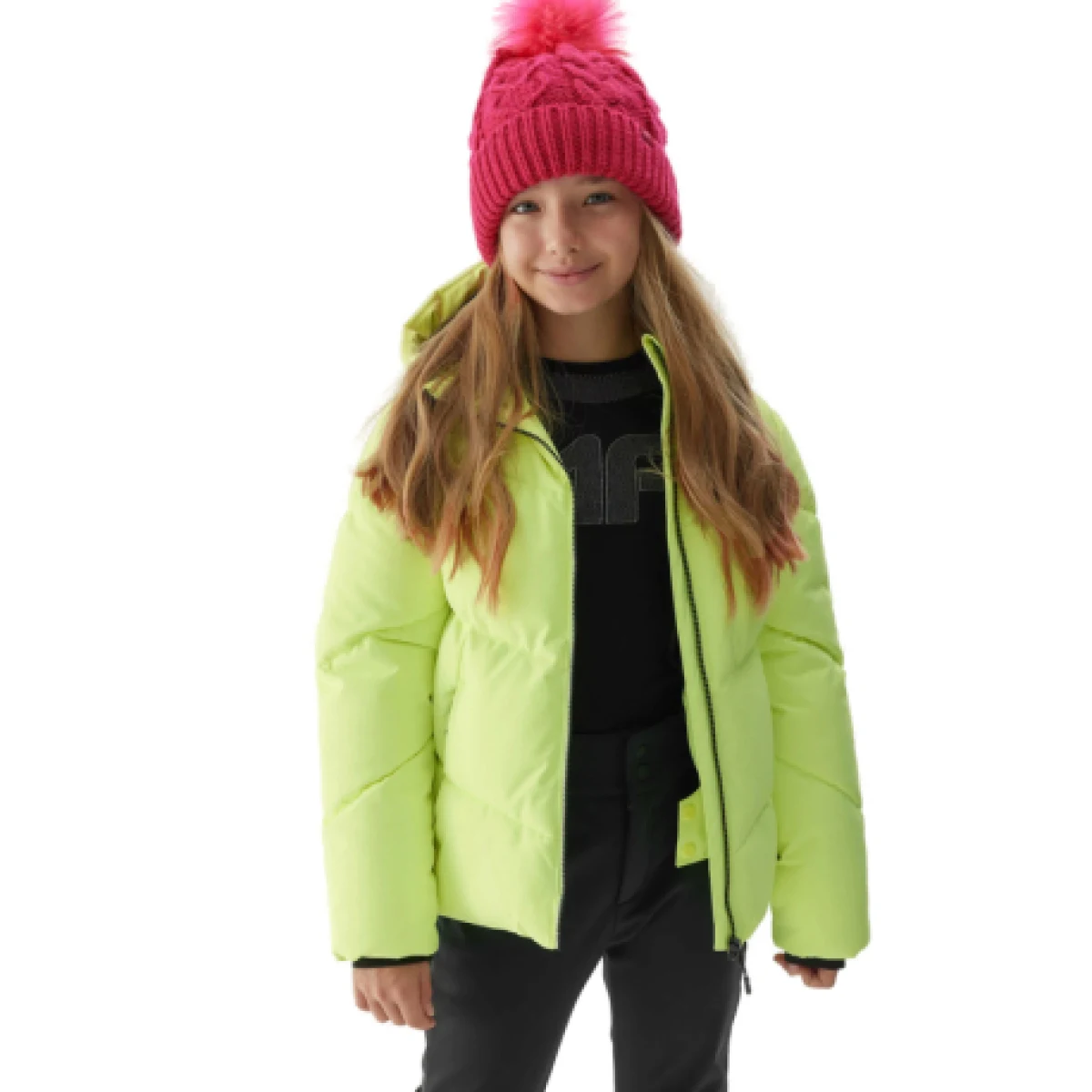 Dievčenská lyžiarska bunda 4F JUNIOR TECHNICAL JACKET-JAW23TTJAF293-72N-LEMON NEON · záber 1