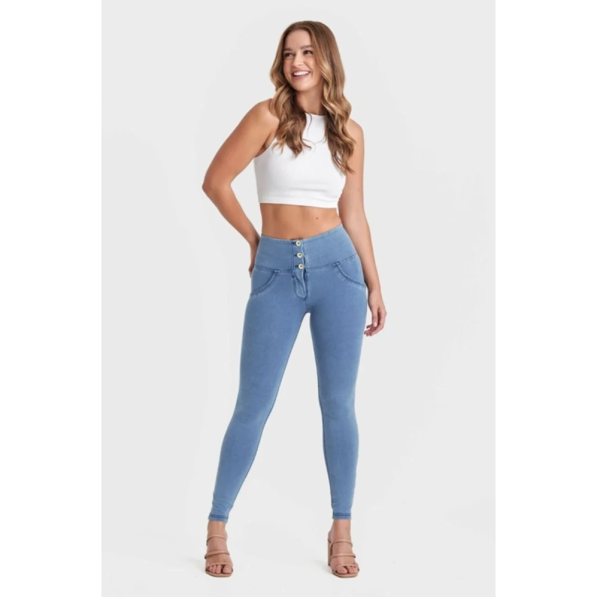 Dámske jeggings nohavice FREDDY WR.UP® push up superskinny jeggings with high waist and buttons-Blue · záber 2