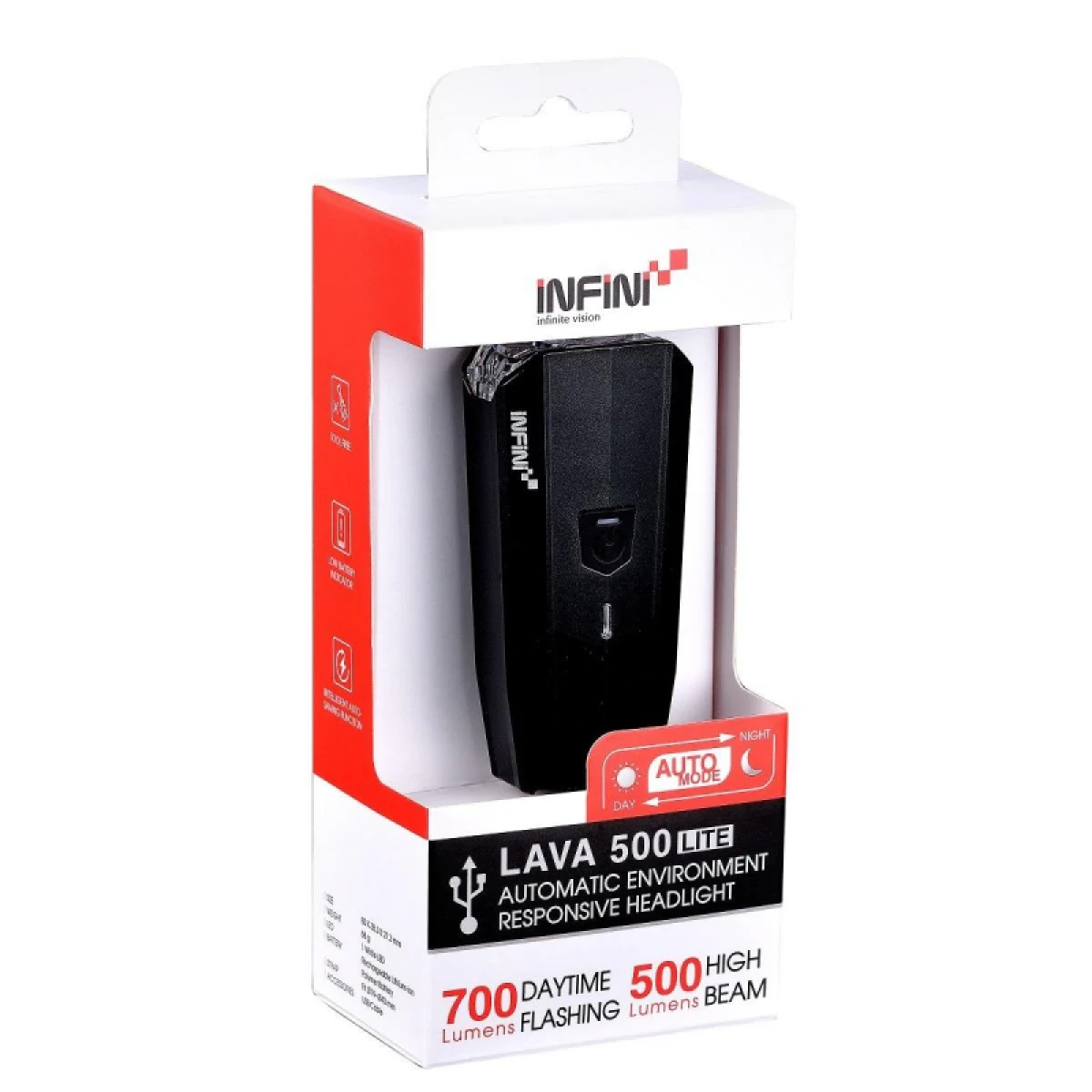 Svetlo na bicykel INFINI LAVA 500 Lite predné 6f čierne USB · záber 3