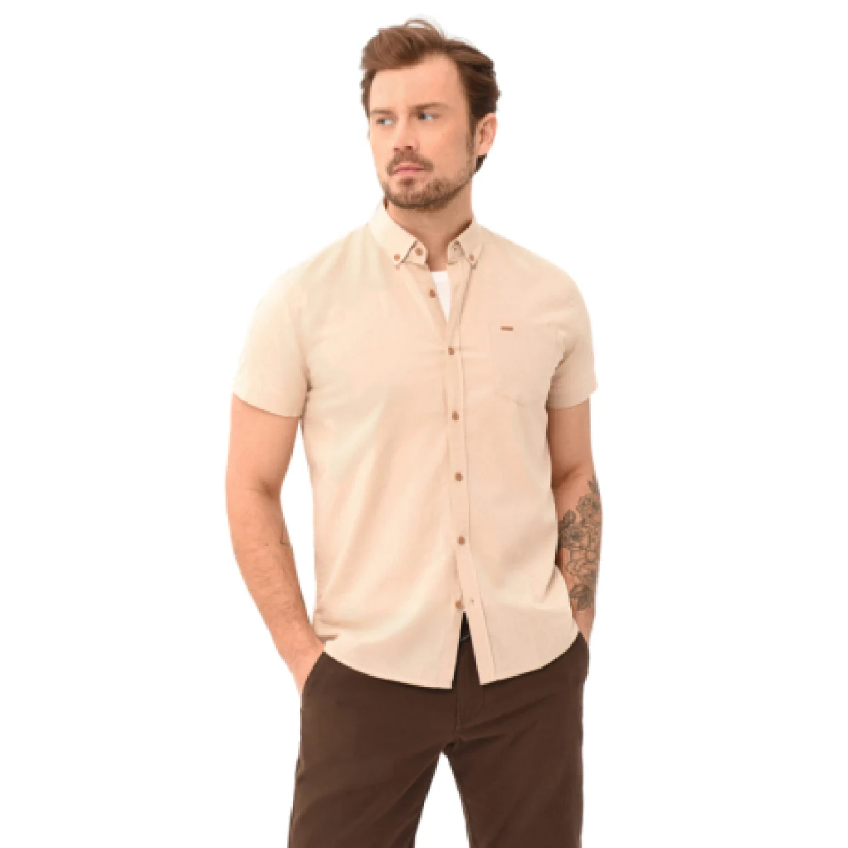 Pánska košeľa s krátkym rukávom VOLCANO LIN-102-BEIGE · záber 1