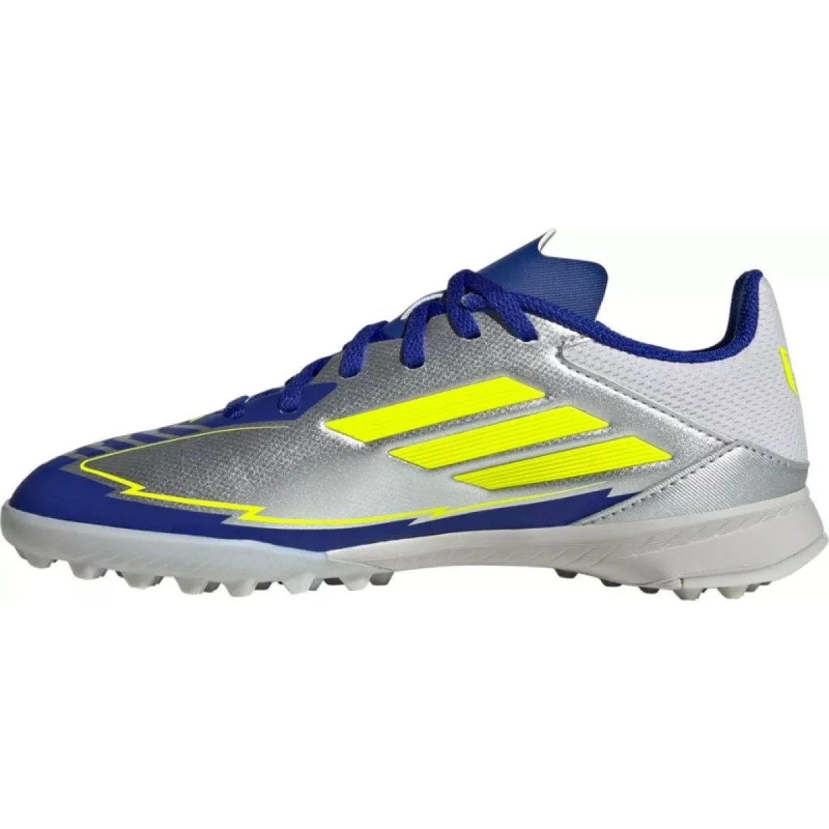 Chlapčenské futbalové kopačky turfy ADIDAS F50 League Messi Jr TF silver metallic solar yellow lucid blue · záber 2