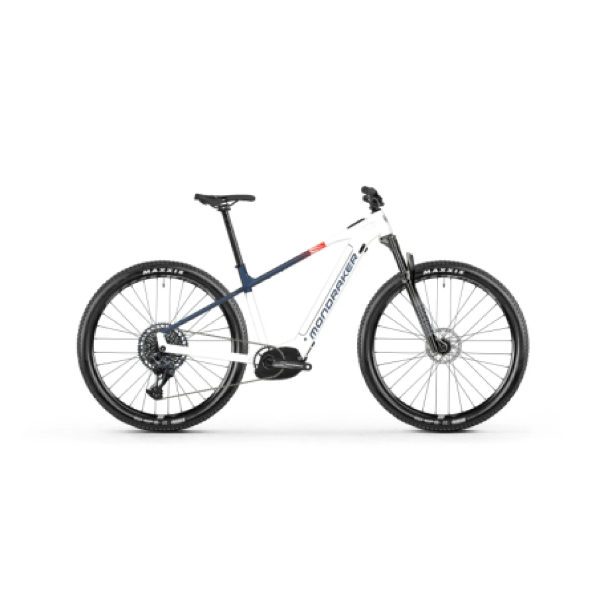 Horský elektrobicykel MONDRAKER Prime, crystal white midnight blue flame red · záber 1
