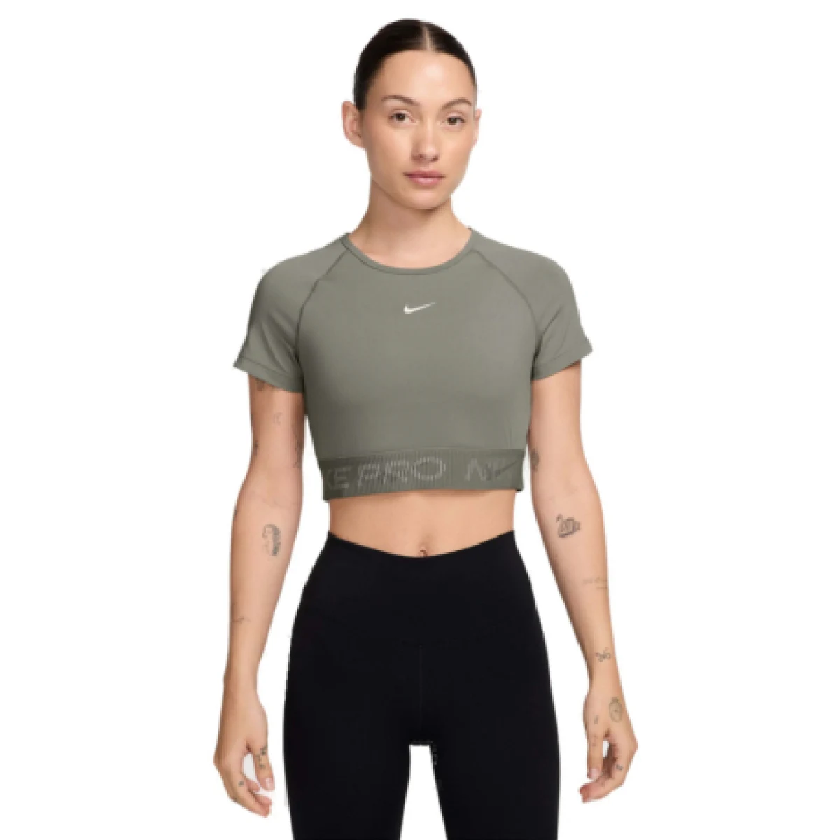 Dámske tréningové tričko s krátkym rukávom NIKE PRO W NP DF SS CROP TOP TT GX-320-Khaki · záber 1