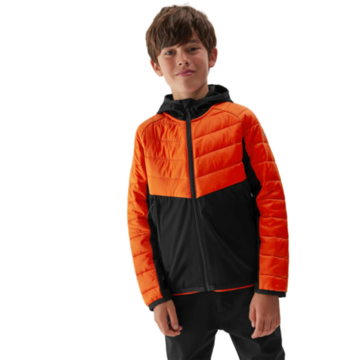 Chlapčenská turistická softshellová bunda 4F JUNIOR TECHNICAL JACKET-JAW23TTJAM282-70S-ORANGE · záber 1