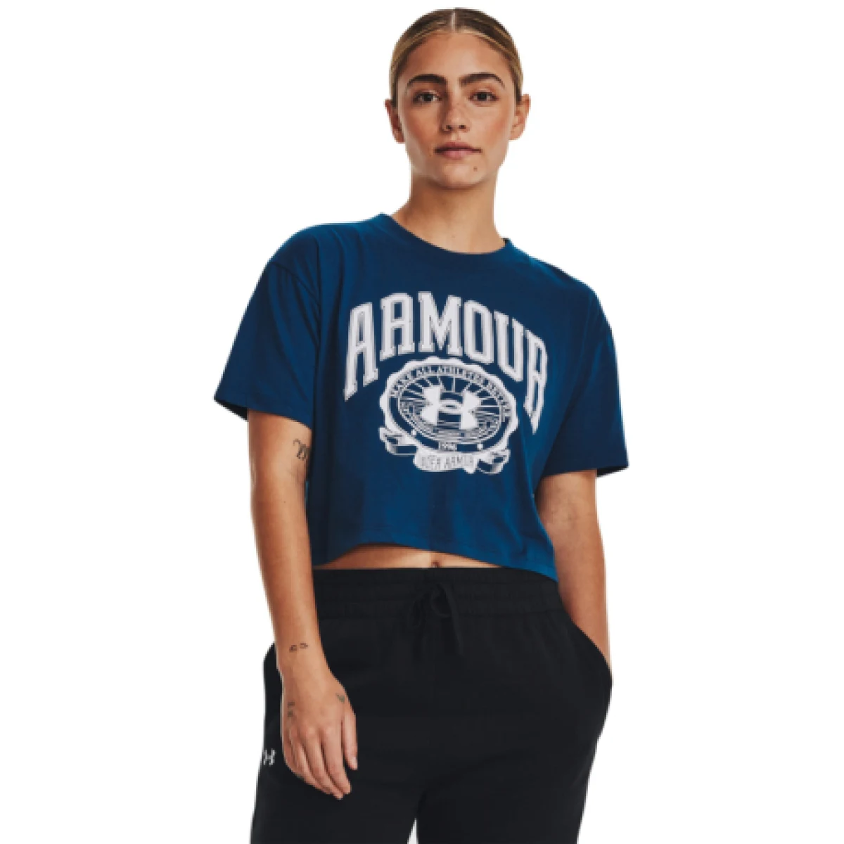Dámske tréningové tričko s krátkym rukávom UNDER ARMOUR UA COLLEGIATE CREST CROP SS -BLU · záber 1