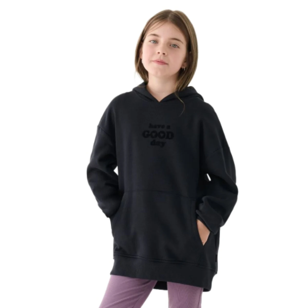 Dievčenská mikina s kapucňou 4F JUNIOR SWEATSHIRT-JWAW24TSWSF1218-20S-DEEP BLACK · záber 1