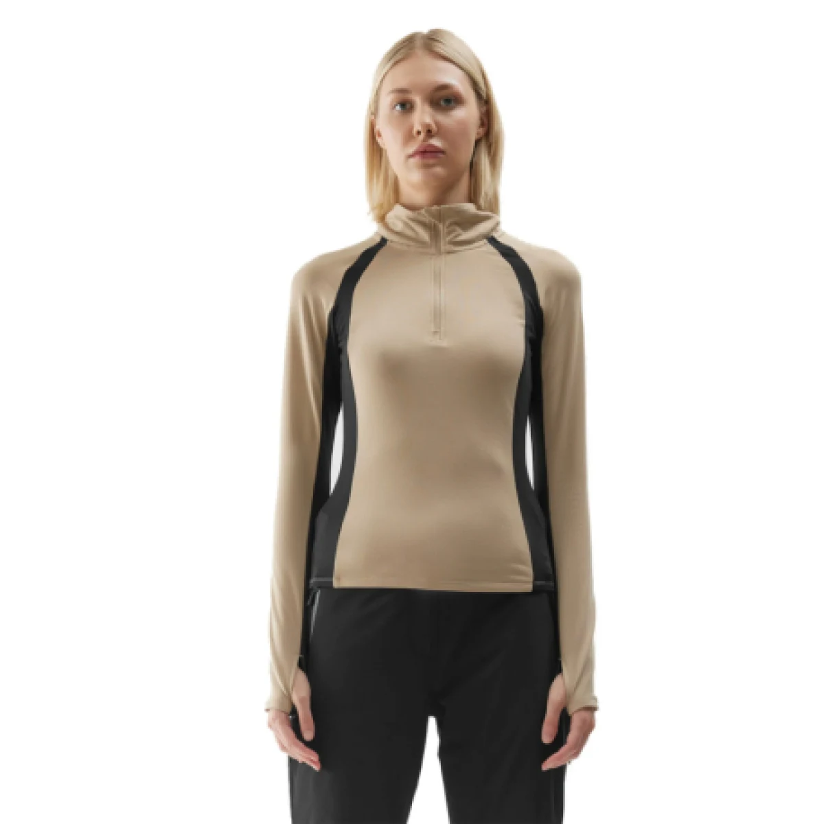 Dámska zateplená lyžiarska mikina s 1 2 zipsom 4F BRUSHED UNDERWEAR-AW23UBRUF042-82S-LIGHT BROWN · záber 1