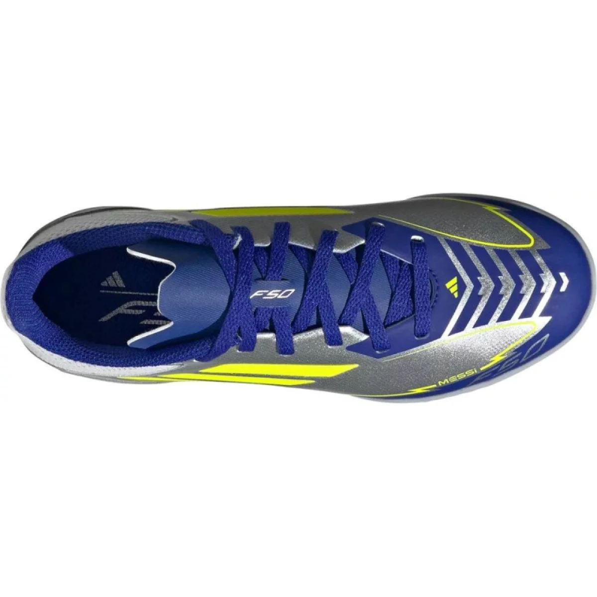 Chlapčenské futbalové kopačky turfy ADIDAS F50 League Messi Jr TF silver metallic solar yellow lucid blue · záber 3