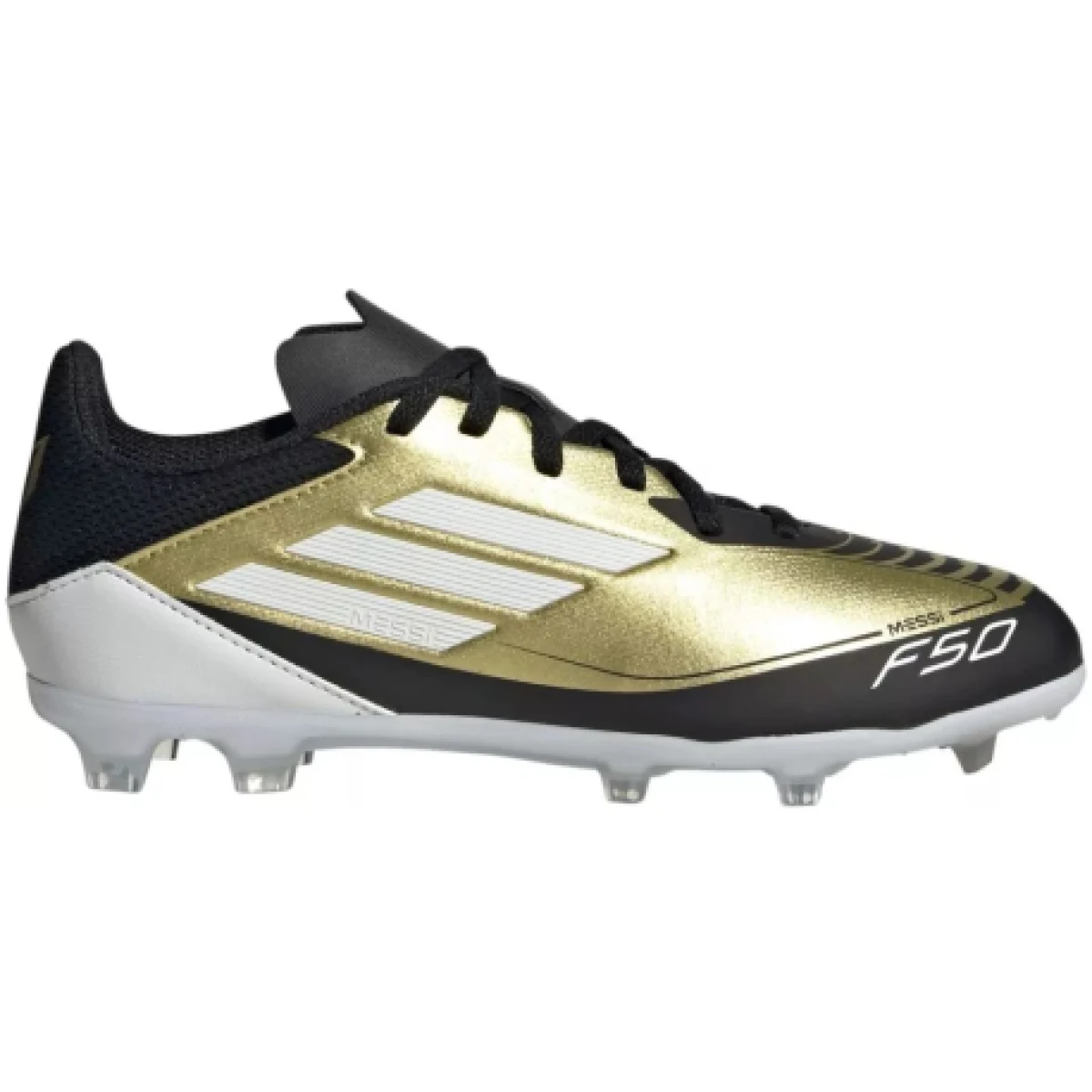 Chlapčenské futbalové kopačky outdoorové ADIDAS F50 League Messi Jr FG gold met cloud white core black · záber 1