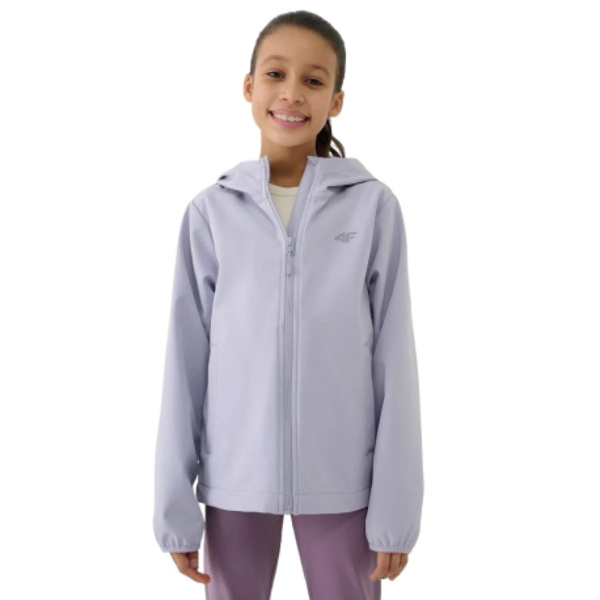 Dievčenská tréningová softshellová bunda s kapucňou 4F JUNIOR SOFTSHELL JACKET-JWSS25TSOFF305-27S-GREY · záber 1