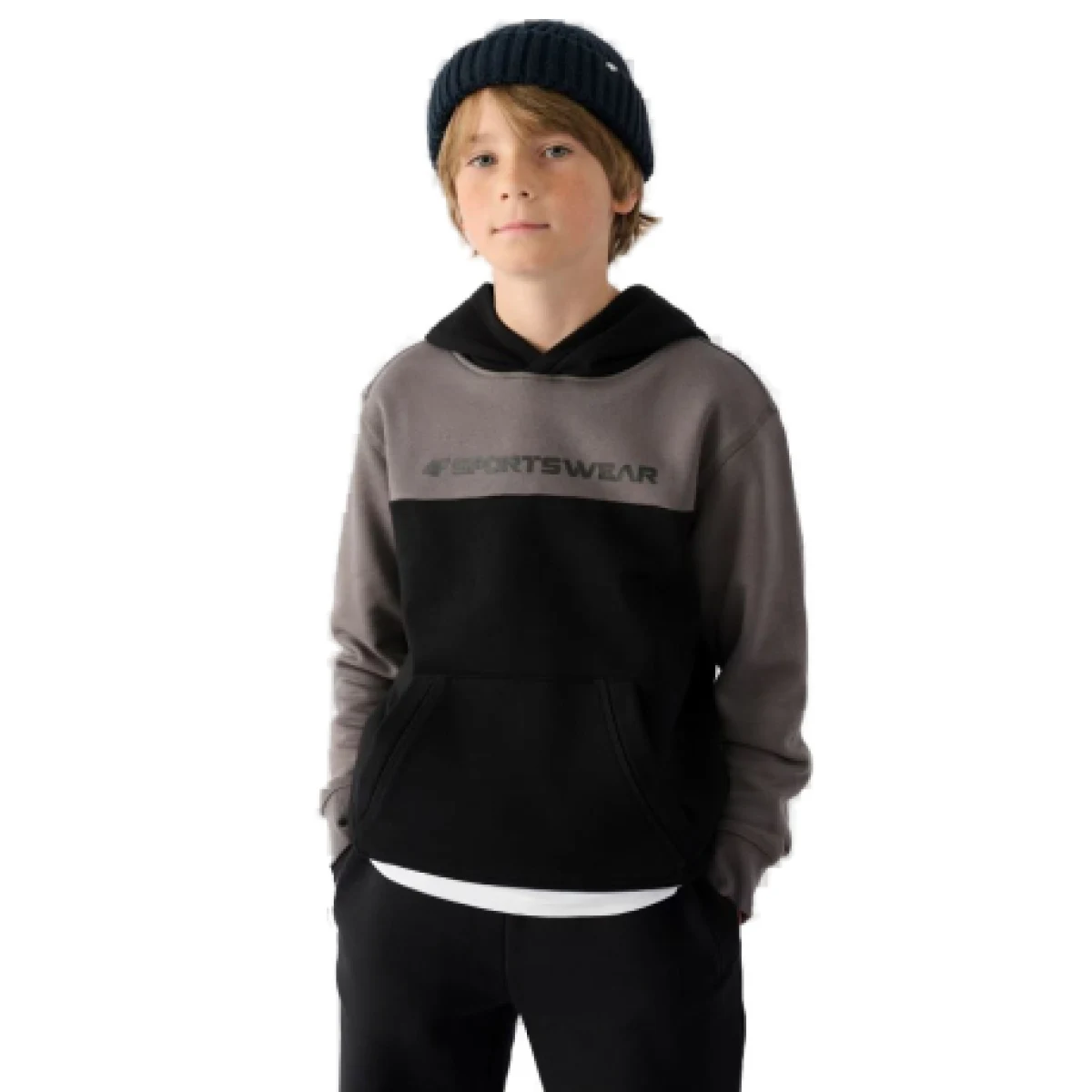 Chlapčenská mikina s kapucňou 4F JUNIOR SWEATSHIRT-JWAW24TSWSM1222-20S-DEEP BLACK · záber 1