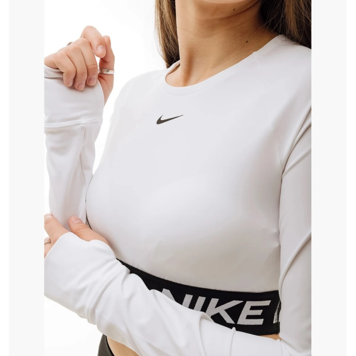 Dámske tréningové tričko s dlhým rukávom NIKE PRO DF 365 CROP LS-100 WHITE BLACK · záber 4