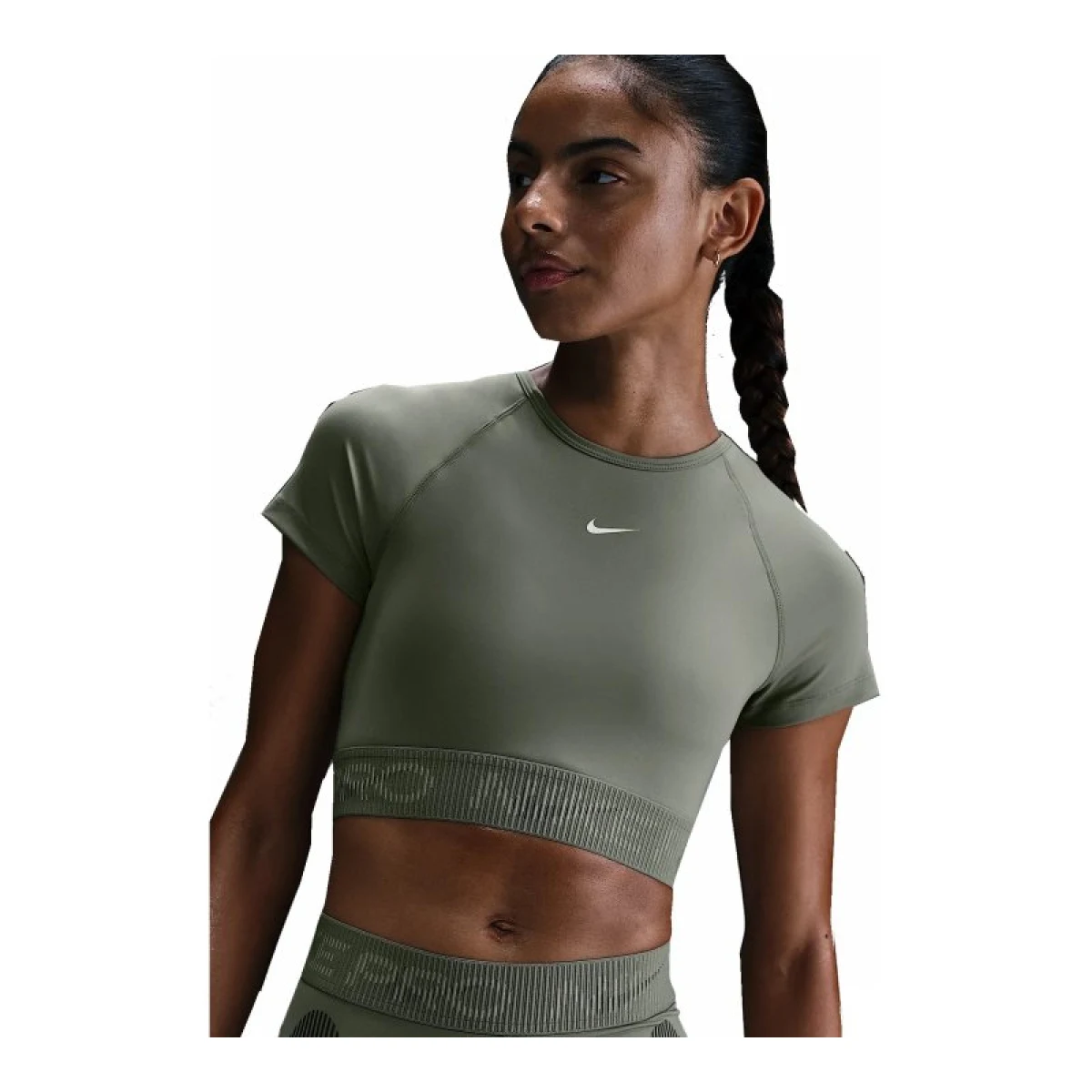 Dámske tréningové tričko s krátkym rukávom NIKE PRO W NP DF SS CROP TOP TT GX-320-Khaki · záber 5