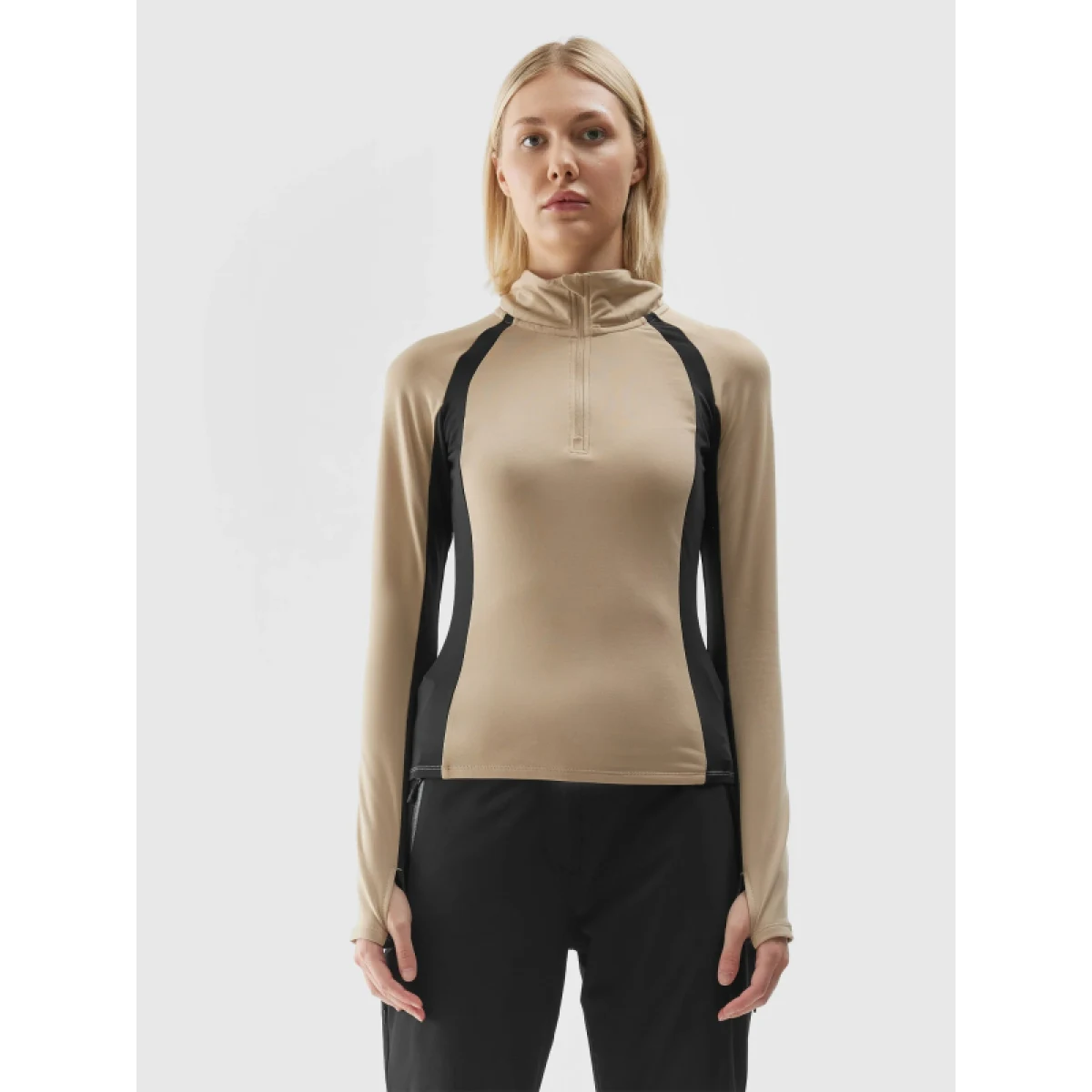 Dámska zateplená lyžiarska mikina s 1 2 zipsom 4F BRUSHED UNDERWEAR-AW23UBRUF042-82S-LIGHT BROWN · záber 2