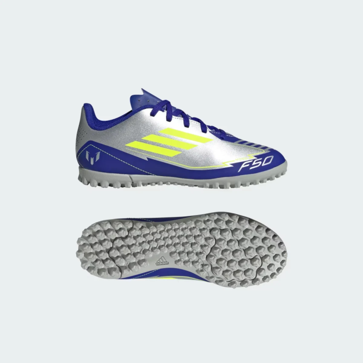 Chlapčenské futbalové kopačky turfy ADIDAS F50 Club Messi Jr TF silver metallic solar yellow lucid blue · záber 4