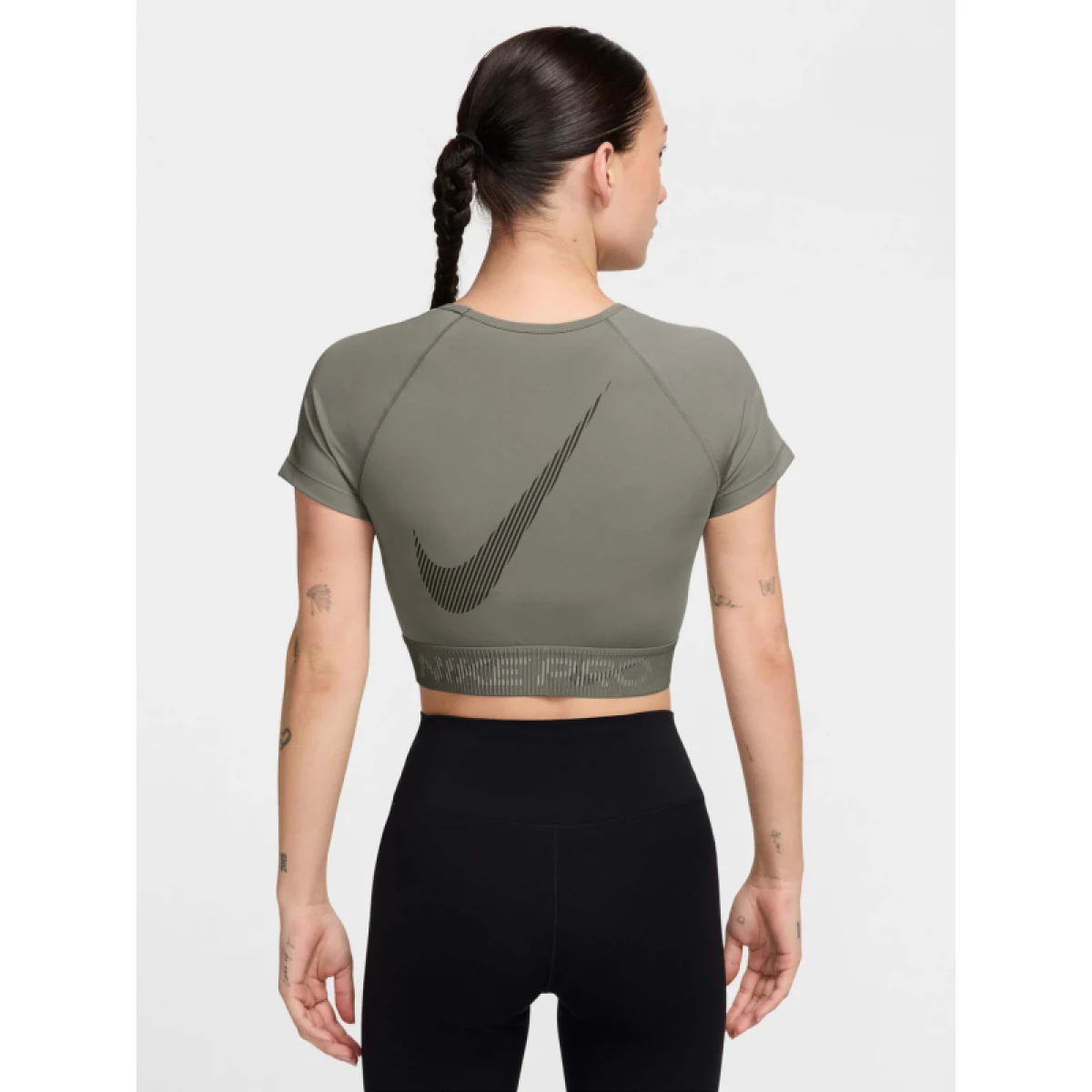 Dámske tréningové tričko s krátkym rukávom NIKE PRO W NP DF SS CROP TOP TT GX-320-Khaki · záber 3