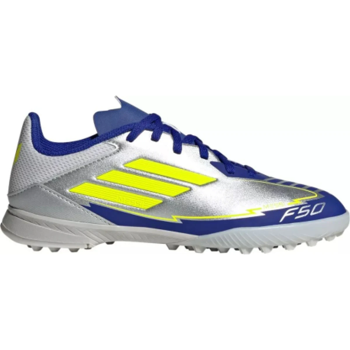 Chlapčenské futbalové kopačky turfy ADIDAS F50 League Messi Jr TF silver metallic solar yellow lucid blue · záber 1