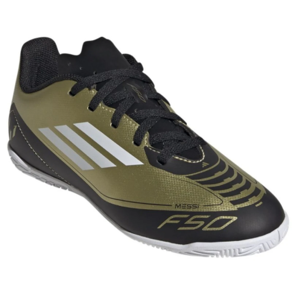 Chlapčenské futbalové kopačky halové ADIDAS F50 Club Messi Jr IC gold met cloud white core black · záber 1