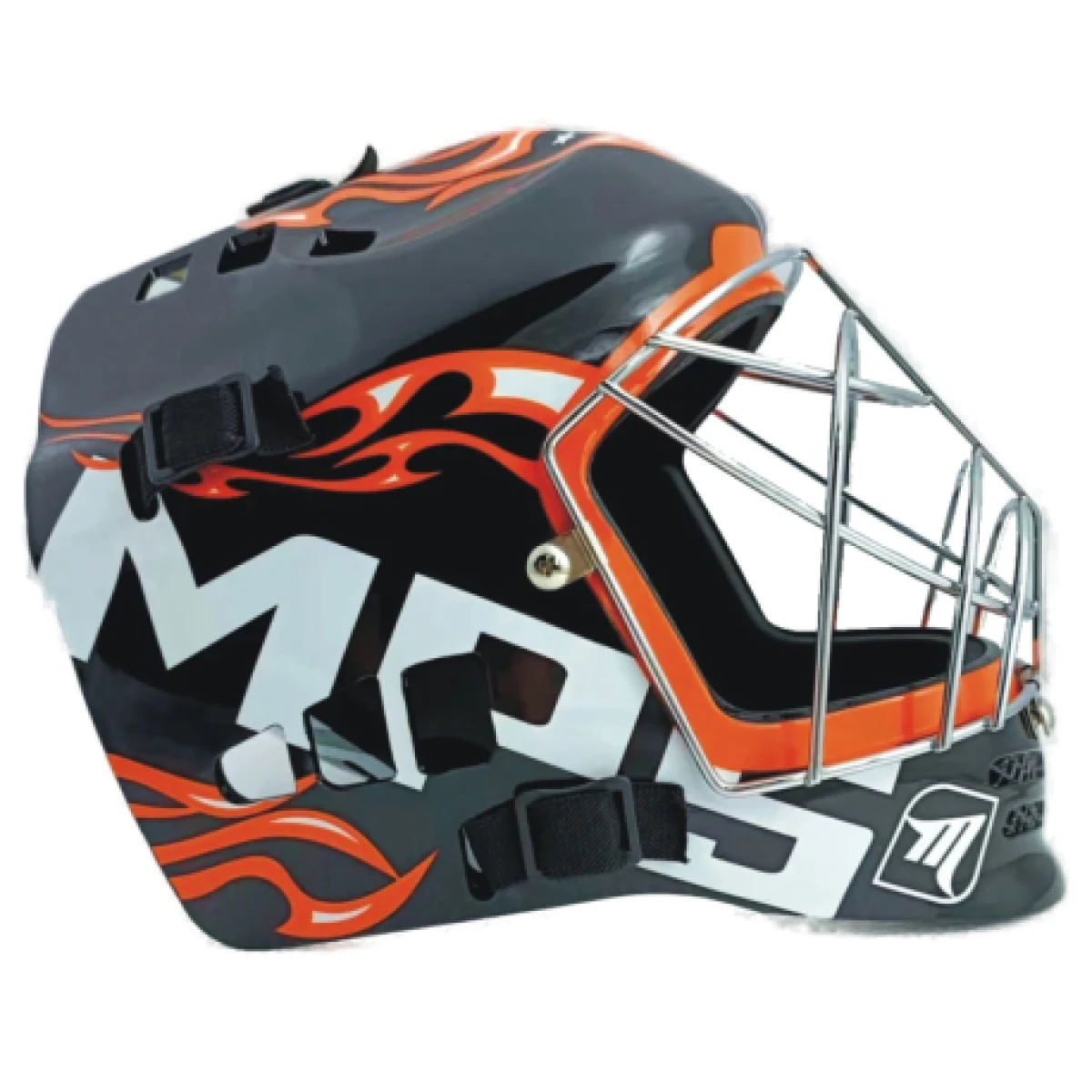 Florbalová maska MPS PRO FLAME - Black Orange Chrome · záber 1