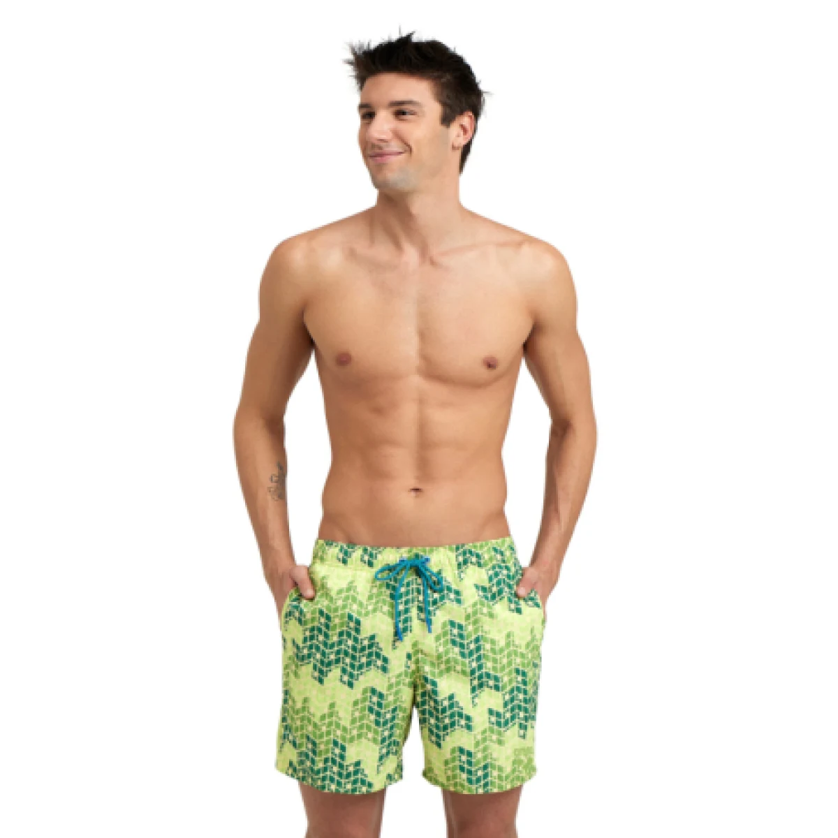 Pánske plavky ARENA MENS BEACH BOXER ALLOVER-610-soft green multi · záber 1