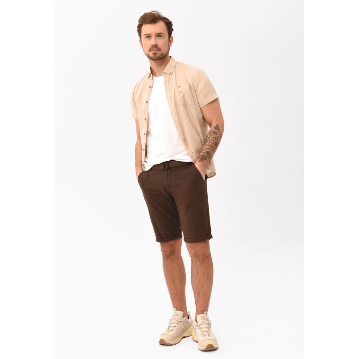 Pánska košeľa s krátkym rukávom VOLCANO LIN-102-BEIGE · záber 4