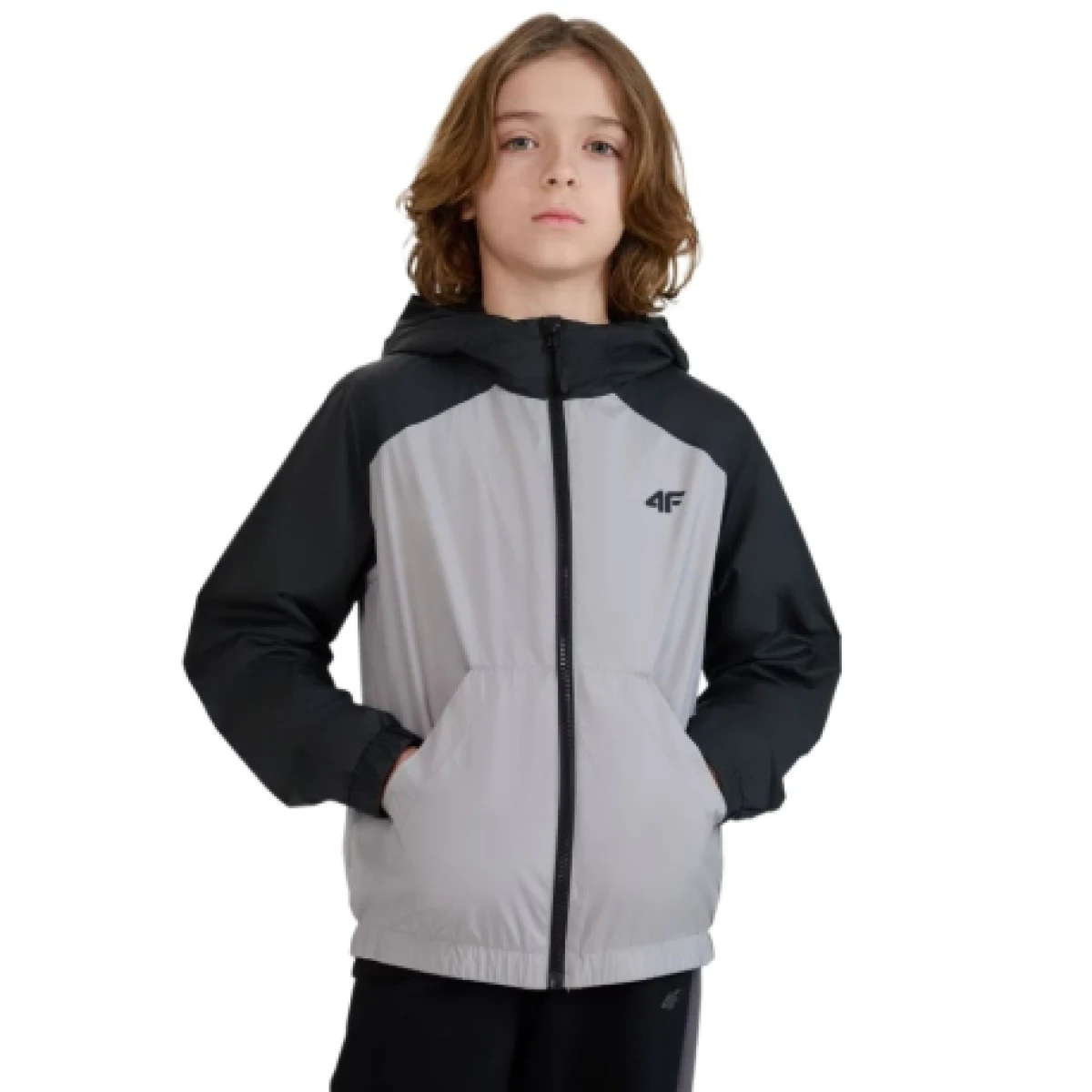 Chlapčenská bunda s kapucňou 4F JUNIOR JACKET-JWSS25TJACM185-25S-GREY · záber 1